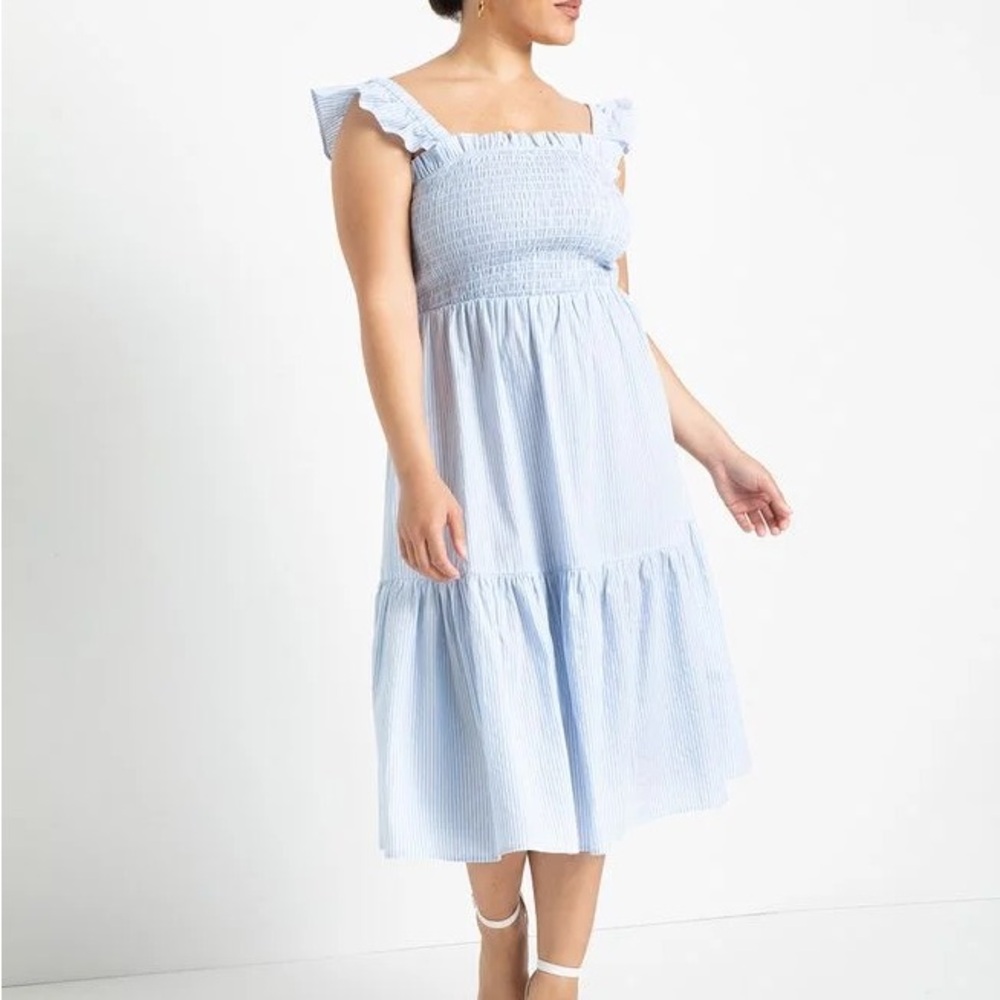 Eloquii Blue Ruffle Sleeve Smocked Bodice Dress